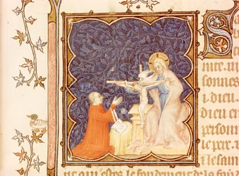 Jean de Francia (1340-1416) Duque de Berry rezando ante Jesús crucificado, de Les Petites Heures de Duc de Berry, c.1385-90