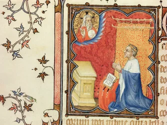Ms Lat 18014 Jean de France (1340-1416) Duque de Berry rezando ante el Padre Eterno, de Les Petites Heures de Duc de Berry, c.1385-90