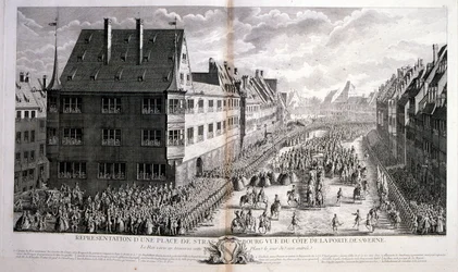 Ilustración del siglo XVIII de Luis XV, Rey de Francia, Reinó 1715-1774 procesando por la Rue de Strasbourg, París.