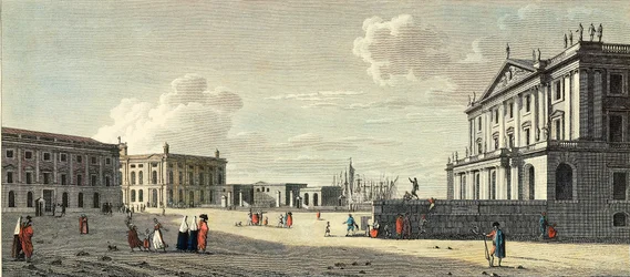 La Llotja (antigua bolsa), el palacio del Capitán General de Aduanas y la Puerta del Mar de Barcelona (grabado)