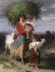 Madre con niños de camino a casa