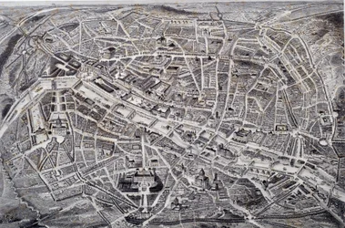 Mapa de París en relieve y vista de pájaro con sus alrededores y fortificaciones