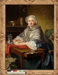 Madame Brion, sentada, tomando el té