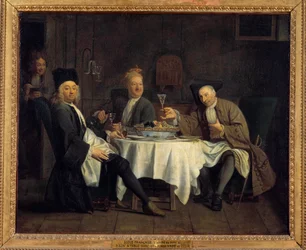 Los bebedores de vino decían que el poeta Alexis Piron (1689-1773) se sentaba a la mesa con sus amigos Jean Joseph Vade (1720-1757) y Charles Colle (1709-1783) Pintura de Jacques Antreau (1657-1745) Siglo XVIII Sol. 0,54x0,66 m