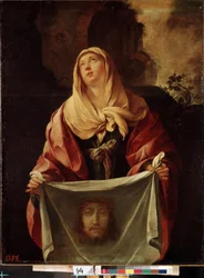 ""Santa Verónica"". El Santo Velo representa el rostro de Cristo cuyo sudor Verónica habría secado durante la subida al Calvario. Pintura de Jacques Blanchard (1600-1638) 1633-1634 Dim. 127x98 cm Museo del Hermitage, San Petersburgo (San Pedro