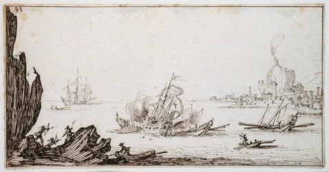 Una galera embestida en el centro por un barco de guerra a vela a la vista del puerto, c.1617