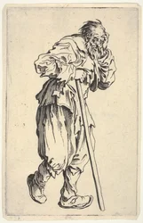Hombre barbudo vestido de harapos, sosteniendo su cabeza con una mano y un bastón con la otra, de «Los mendigos» (Les Gueux)