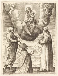Bonifacio VIII con los santos Francisco y Crispín adorando a la Virgen y el Niño
