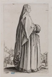La nobleza, la dama tocada con un gran velo y con vestido ribeteado de pieles. Quinto número de una serie de 12 piezas (Lieure 553, Meaume 679)