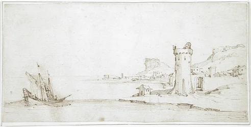 Paisaje con torre y barco