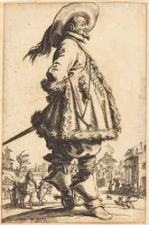 Hombre noble con manto ribeteado de piel, con las manos detrás de la espalda
