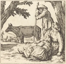 Pareja de campesinos con vaca