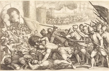 Las tropas forzando la puerta de una ciudad