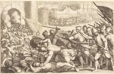 Las tropas forzando la puerta de una ciudad