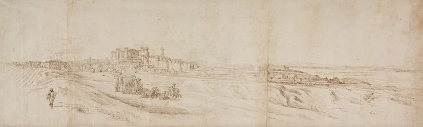 Vista del Castello Bracciano, cerca de Roma con Carruaje y Figuras