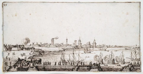 Vista del puerto de La Rochelle con galeones disparando una salva