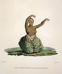 Mujer bailando de la isla de Maui, en las Islas Hawaianas, grabado por Parfait Augrand (n.1782)