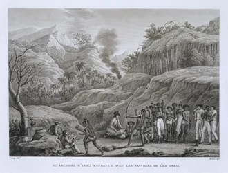 Gran Archipiélago Asiático: exploradores franceses con nativos en la Isla de Ombai, del Voyage Autour du Monde (1817-20), por Louis Claude Desaulses de Freycinet (1779-1842) grabado por Bovinet, publicado
