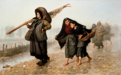 Las mariscadoras. Campesinas, descalzas o con zuecos, regresan a casa con sus cestas llenas de conchas y protegiéndose de la lluvia. Pintura de Jacques Eugene Feyen (1815-1908). Óleo sobre lienzo. Colección privada.