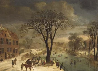 Escena de invierno con patinadores en un río congelado