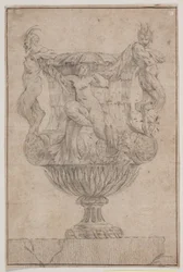 Jarrón decorativo con Pan, fauno y ninfa. Copia de la Pl. 14 en la suite de los jarrones diseñados por Saly en 1746. "Vasa a se inventa..."