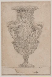 Jarrón decorativo con gran cabeza, dios del mar y ninfa del agua. Copia de la Pl. 26 en la suite de los jarrones dibujados por Saly en 1746. "Vasa a se inventa..."