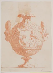 Jarrón decorativo con dos cabezas y dos putti. Copia de la pl. 19 en la suite de los jarrones dibujados por Saly en 1746. "Vasa a se inventa..."