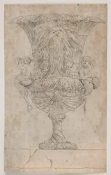Jarrón ornamental con dos putti (¿sirenas?). Copia de un grabado (pl. 9) de la serie de jarrones dibujados por Saly en 1746. "Vasa a se inventa..."