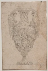Jarrón ornamental con dos búhos y una cabeza. Copia de la Pl. 15 en la suite de los jarrones dibujados por Saly en 1746, "Vasa a se inventa..."