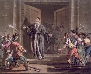 Mathieu Mole (1584-1656) arengado por el pueblo, grabado por Jean Baptiste Morret, 1792