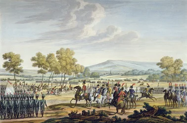 La Guardia Imperial maniobrando en presencia de los dos emperadores en Tilsit, 28 de junio de 1807, grabado por Edme Bovinet (1767-1832)
