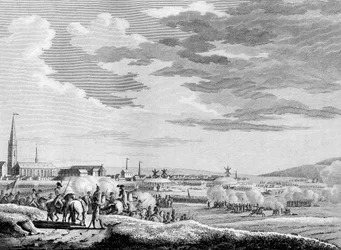 Guerra de la Revolución Francesa y movimientos antirrevolucionarios: Victoria francesa en la Batalla de Hondschoote cerca de Dunkerque contra las tropas británicas y austriacas antirrevolucionarias en 1793. Grabado de Berthaut después de Swebach. París, Bi