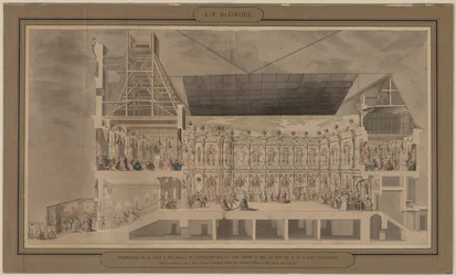 Sección transversal del Hôtel de Ville vista en perspectiva, que muestra la decoración y la iluminación del patio y las salas creadas con motivo del baile celebrado la noche del 30 al 31 de agosto de 1739