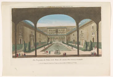Vista de un patio con fuentes de la Alhambra de Granada Les bains des enciens rois Mores, una granada (título sobre objeto)