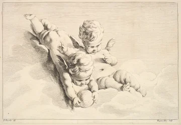 Dos cupidos, uno sosteniendo una pelota, mediados a finales del siglo XVIII