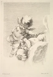 Dos cupidos, uno sosteniendo una corona, mediados a finales del siglo XVIII
