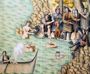 Mujeres nativas pescando mariscos en el Estrecho de Magallanes, acuarela de Duplessis realizada durante el viaje de Jacques Gouin de Beauchesne (1652-1730) por la Patagonia entre 1698 y 1701, Argentina
