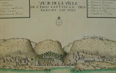 La ciudad de Saint Jago (Santiago) en Cabo Verde, acuarela del cuaderno de bitácora de Jacques Gouin de Beauchesne, capitán de barco en los Mares del Sur de 1698 a 1701.