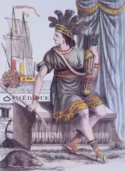 Página de título de la Enciclopedia de Viajes de Jacques Grasset de Saint-Sauveur, representando una alegoría de América