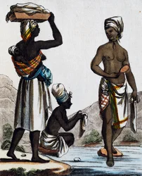 Lavanderas de Santo Domingo, grabado en color de un dibujo de Labrousse, de la Enciclopedia de Viajes