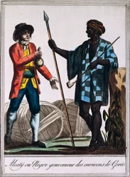 Alcaty, jefe tribal de Gorée, Senegal, grabado de un dibujo de Labrousse (activo 1796), de la Encyclopédie des Voyages, por Jacques Grasset de Saint-Sauveur (1757-1810)