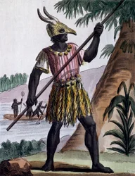 Barra utilizada para las circuncisiones en la isla de Goree, Senegal, grabado en color a partir de un dibujo de Labrousse (en activo en 1796), de la Enciclopedia de los viajes, de Jacques Grasset de Saint-Sauveur (1757-1810).