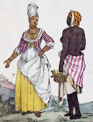 Mujer negra y mujer mulata de Santo Domingo, grabado en color de un dibujo de Labrousse