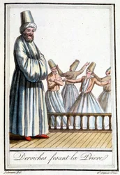 Derviches haciendo la oración (Derviches giradores) - en "Enciclopedia de Viajes" por Grasset Saint Sauveur, ed. París 1796