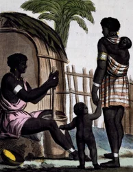 Mujeres Issinia trabajando el arroz, grabado en color de un dibujo de Labrousse (activo 1796), de la Enciclopedia de viajes, por Jacques Grasset de Saint-Sauveur (1757-1810)