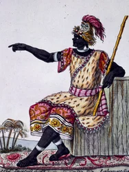Rey de Loango, grabado en color de un dibujo de Labrousse (activo 1796), de la Enciclopedia de viajes, por Jacques Grasset de Saint-Sauveur (1757-1810)