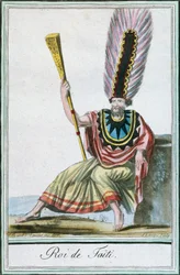Rey de Tahití, Islas de la Sociedad, grabado en color de un dibujo de Labrousse, de la Encyclopedie des Voyages de Jacques Grasset de Saint-Sauveur