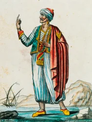 Traje masculino de estados bárbaros y musulmanes, grabado en color de un dibujo de Labrousse (activo 1796), de la Encyclopedie des Voyages, por Jacques Grasset de Saint-Sauveur (1757-1810)