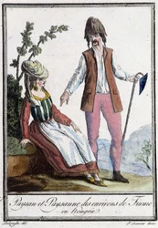 Campesino y campesina de Fiume (Croacia) - en "Enciclopedia de Viajes" por Grasset St Sauveur, ed. 1796 (grabado)
