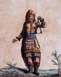 Mujer de la Bahía de Hudson en traje tradicional, grabado en color por Laroque, de la Enciclopedia de viajes, por Jacques Grasset de Saint-Sauveur (1757-1810)